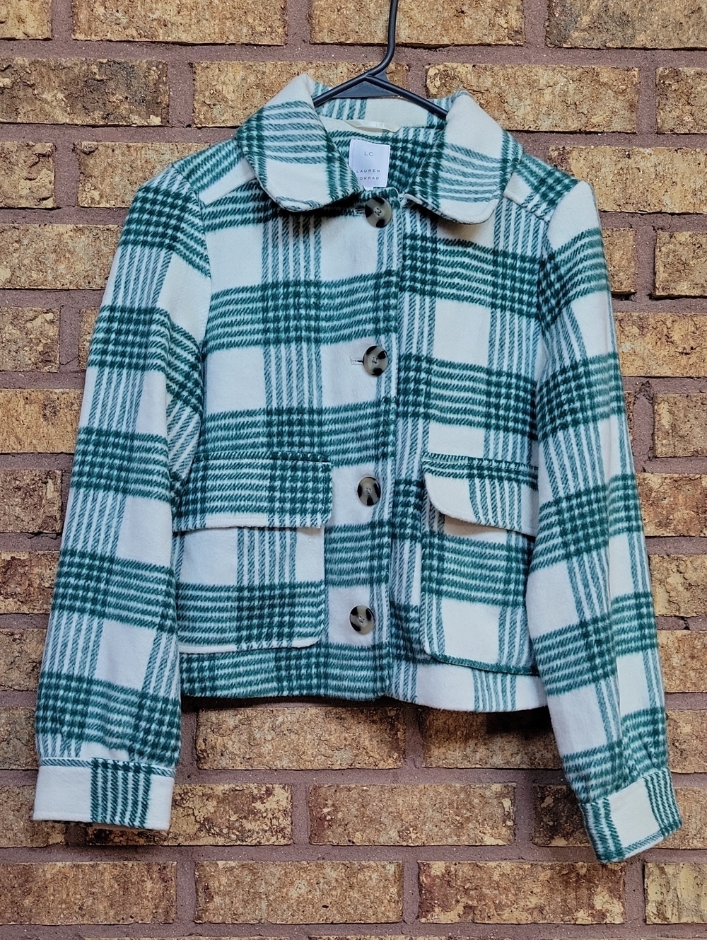 LC Lauren Conrad Green & White Plaid Cropped Pea Coat Size XS Fall Casual